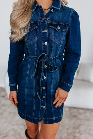 Button-Front Denim Dress with Belt