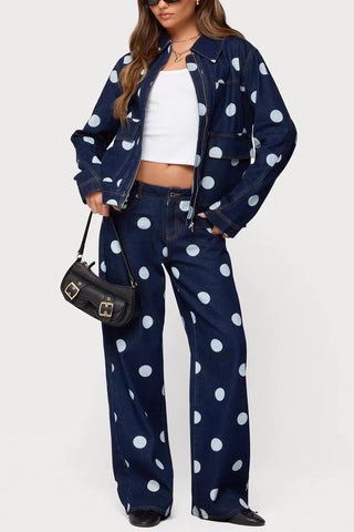 Polka Dot Denim Straight Jeans