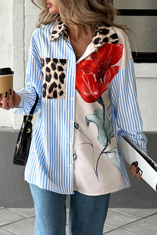 Mixed-Print Button-Up Blouse