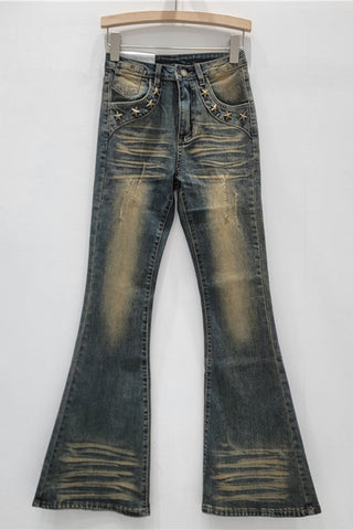 Star-Studded Flare Jeans with Distressed Details