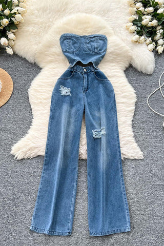 Strapless Distressed Denim Jumpsuit