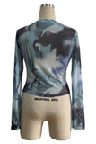Abstract Print Long Sleeve Mesh Top