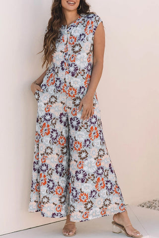 Floral Pocketed Wide Leg Sleeveless Jumpsuit