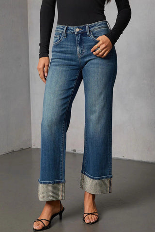 Studded Cuff Straight-Leg Jeans