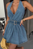 Halter Neck Belted Denim Dress