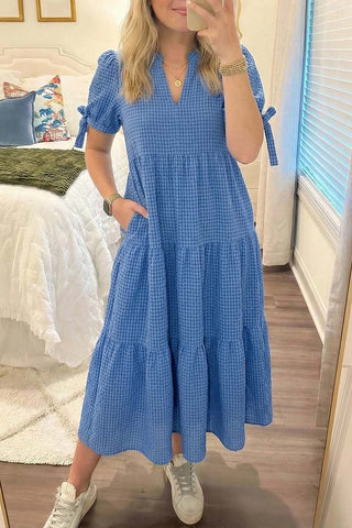 Gingham Bow Tie Short Sleeve Tiered Midi Dress