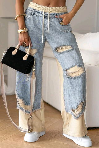 Distressed Straight-Leg Jeans with Drawstring