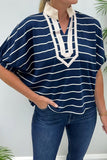 Striped Stand Collar Dolman Sleeve Top