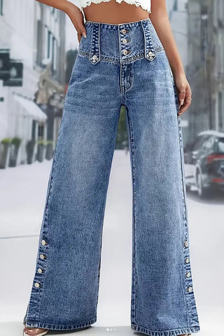 Button-Front Wide Leg Denim Pants