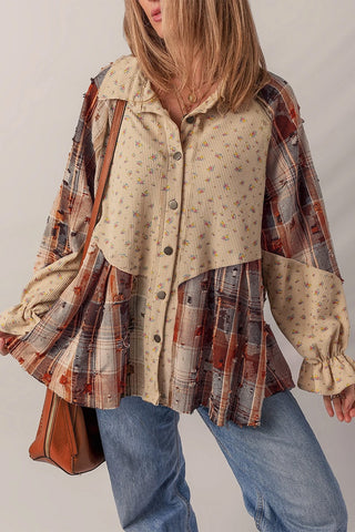 Boho Patchwork Ruffled Sleeve Shacket