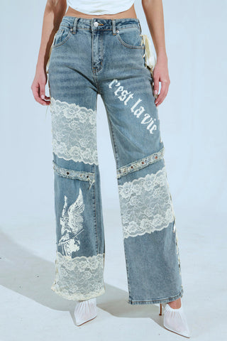 Lace Accent Straight Jeans