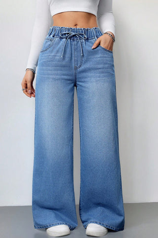 Casual Drawstring Wide-Leg Jeans