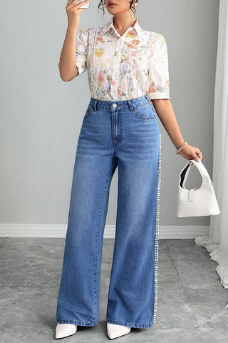 Pearl-Trim Wide Leg Jeans