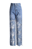 Lace-Detail Wide-Leg Denim Jeans