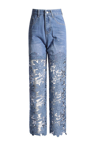 Lace-Detail Wide-Leg Denim Jeans