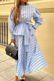 Striped Belted Skirt Set with Long Sleeves