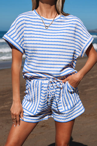 Striped Textured Top and Shorts Set