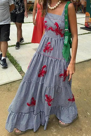 Lobster Motif Gingham Maxi Dress