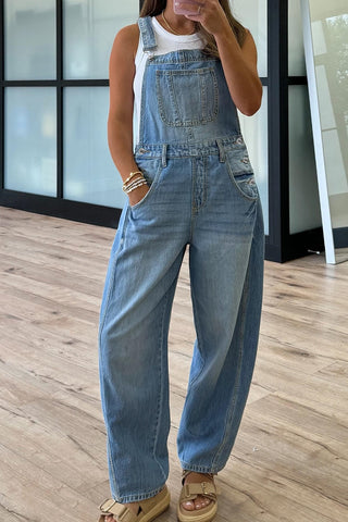 Adjustable Buckle Barrel Denim Overalls