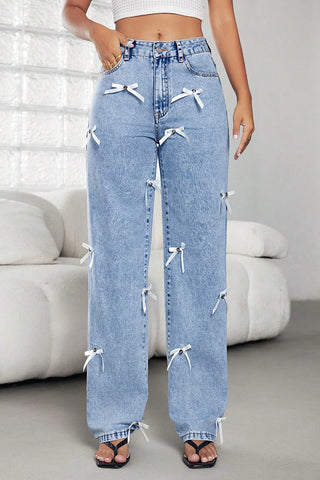 Bow-Accent Straight-Leg Jeans