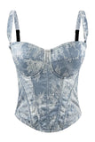 Lace-Overlay Denim Bustier Top