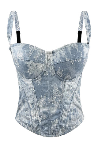 Lace-Overlay Denim Bustier Top