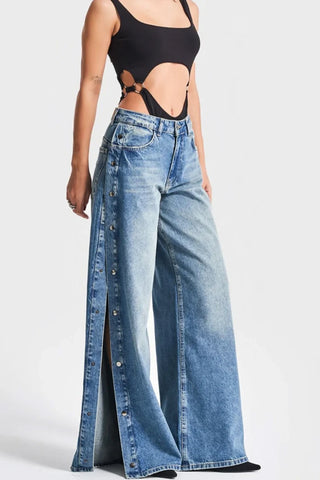 Straight Leg Jeans with Side Buttons