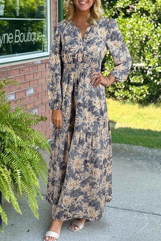 Floral Print Smocked Maxi Dress with Long Sleeves