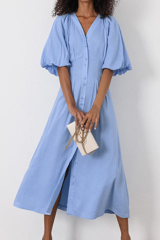 Puff-Sleeve Buttoned Casual Dress