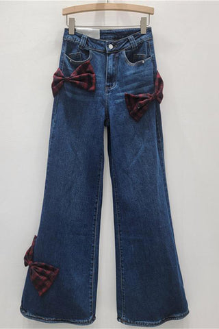 Bow-Accent Wide-Leg Straight Jeans