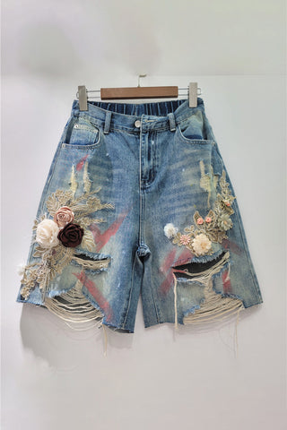 Distressed Floral Embellished Denim Shorts