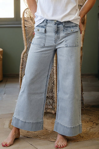 Stripe Button Pocket Wide Leg Jeans