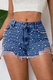 Pearl-Studded Distressed Denim Shorts