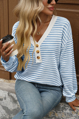 V-Neck Buttoned Striped T-Shirt