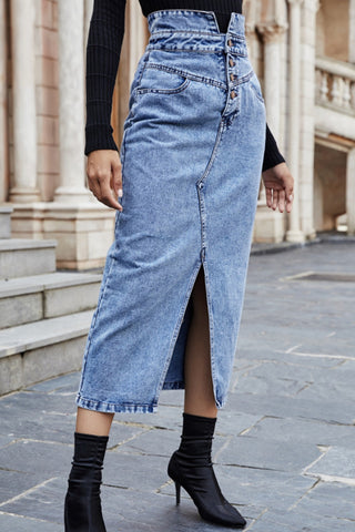 High-Waist Button Front Denim Skirt