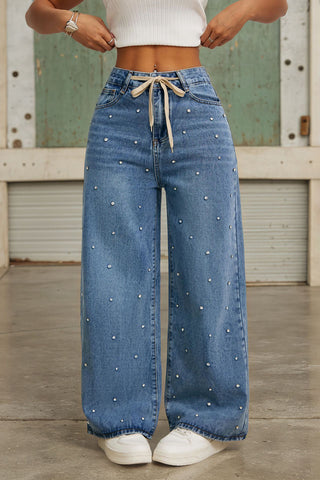 Pearl-Studded Straight-Leg Jeans