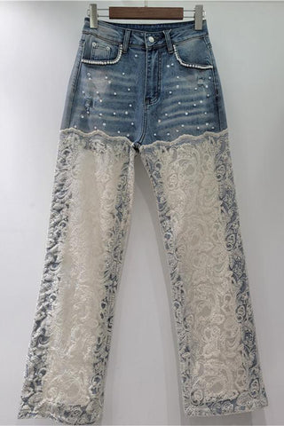 Lace Overlay Straight Jeans