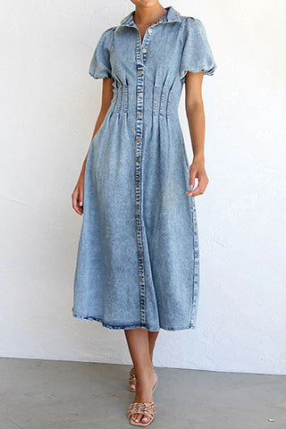 Button-Front Denim Midi Dress