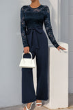 Lace Long-Sleeve Belted Jumpsuit