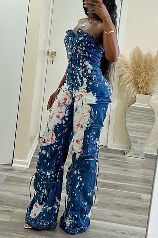 Strapless Paint-Splatter Jumpsuit