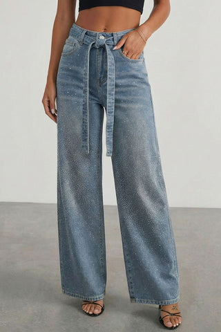 Wide-Leg Straight Jeans with Belt Detail