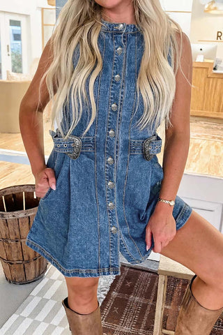 Western Belt Button Down Sleeveless Short Dress