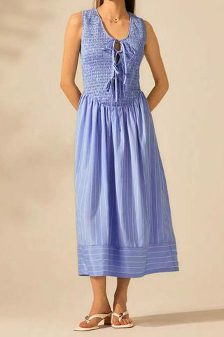 Tie-Front Smocked Midi Dress