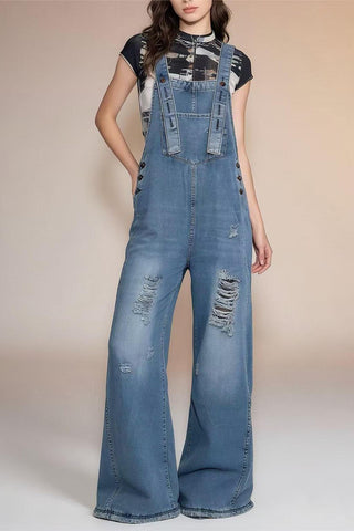 Distressed Denim Jumpsuit with Straps