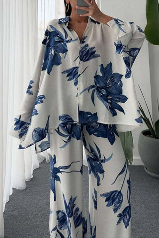Buttoned Floral Print Pants Set
