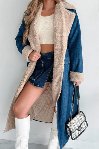 Belted Denim Coat with Plush Trim