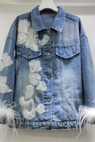 Denim Jacket with Feather Trim
