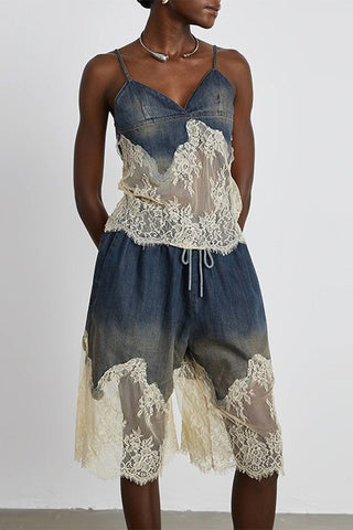 Sheer Lace Overlay Denim Set