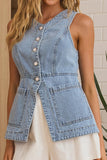 Sleeveless Button-Front Denim Top