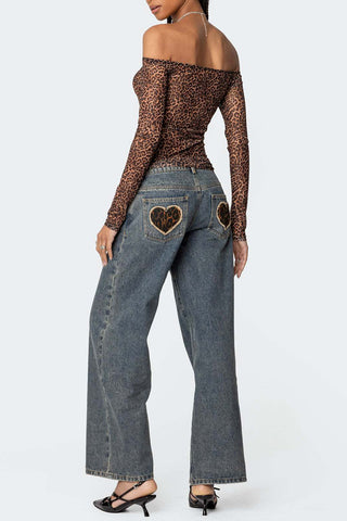 Leopard Heart Pocket Straight Leg Jeans